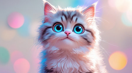Cute fluffy kitten with bright blue eyes gazes curiously in a dreamy atmosphere with colorful bokeh lights.の素材