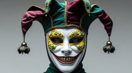 A figure wears a striking jester mask adorned with intricate designs and a colorful hat at a festive gathering. The atmosphere is filled with anticipation and intrigueの素材