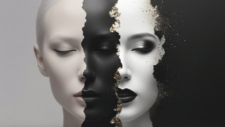 Three faces merge into one striking visual, showcasing a captivating contrast of pale and dark features enhanced by golden accents. The artwork explores themes of identity and duality.の素材