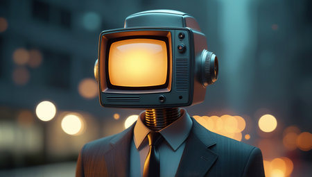 A unique figure with a vintage television for a head poses confidently in a contemporary urban setting during twilight. The skyline reflects the vibrant colors of duskの素材