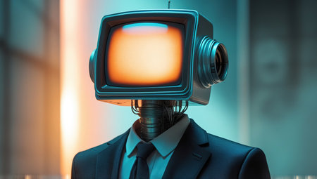 A unique figure with a vintage television for a head poses confidently in a contemporary urban setting during twilight. The skyline reflects the vibrant colors of duskの素材