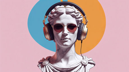 Ancient statue with modern headphones symbolizes the blend of history and contemporary culture in vibrant art.の素材