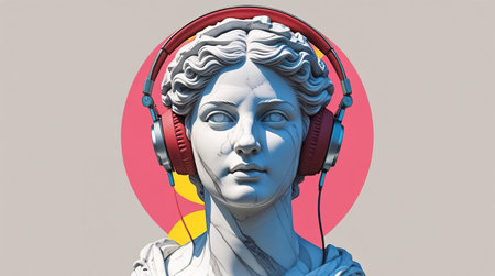 Ancient statue with modern headphones symbolizes the blend of history and contemporary culture in vibrant art.の素材