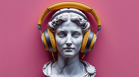Ancient statue with modern headphones symbolizes the blend of history and contemporary culture in vibrant art.の素材