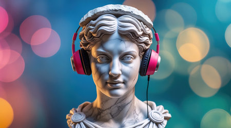 Ancient statue with modern headphones symbolizes the blend of history and contemporary culture in vibrant art.の素材