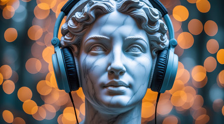 Ancient statue with modern headphones symbolizes the blend of history and contemporary culture in vibrant art.の素材