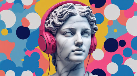 Ancient statue with modern headphones symbolizes the blend of history and contemporary culture in vibrant art.の素材