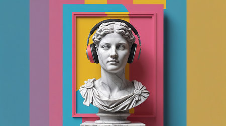 Ancient statue with modern headphones symbolizes the blend of history and contemporary culture in vibrant art.の素材
