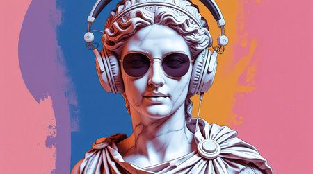 Ancient statue with modern headphones symbolizes the blend of history and contemporary culture in vibrant art.の素材