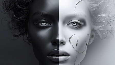 Face, one black and one white, showcase striking features and expressions against a smooth silk fabric background, highlighting artful contrasts in beautyの素材