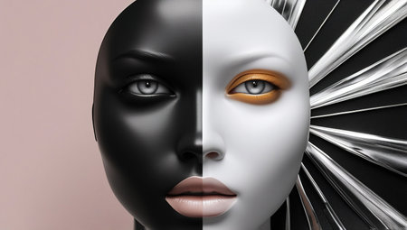 Face, one black and one white, showcase striking features and expressions against a smooth silk fabric background, highlighting artful contrasts in beautyの素材