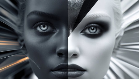 Face, one black and one white, showcase striking features and expressions against a smooth silk fabric background, highlighting artful contrasts in beautyの素材
