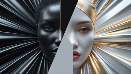 Face, one black and one white, showcase striking features and expressions against a smooth silk fabric background, highlighting artful contrasts in beautyの素材