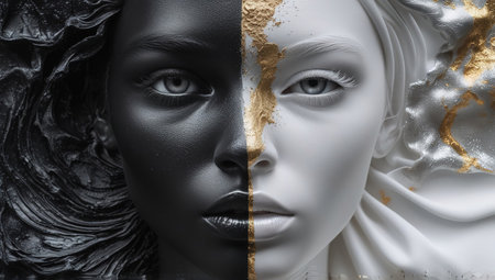 Face, one black and one white, showcase striking features and expressions against a smooth silk fabric background, highlighting artful contrasts in beautyの素材