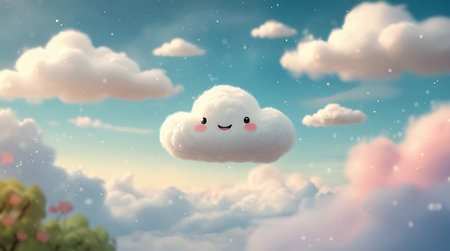 A playful cloud smiles cheerfully while floating in a vibrant sky filled with soft clouds and gentle hues. The scene conveys a sense of joy and whimsy in the afternoon lightの素材