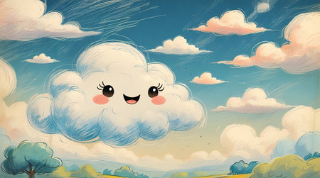 A playful cloud smiles cheerfully while floating in a vibrant sky filled with soft clouds and gentle hues. The scene conveys a sense of joy and whimsy in the afternoon lightの素材