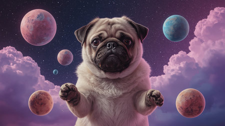 A playful pug joyfully floats in the vastness of space, surrounded by vibrant planets and galaxies, capturing an imaginative and fun scene filled with cosmic wonderの素材