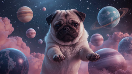 A playful pug joyfully floats in the vastness of space, surrounded by vibrant planets and galaxies, capturing an imaginative and fun scene filled with cosmic wonderの素材