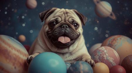 A cheerful pug lies on a dark surface surrounded by vibrant planets. The joyful expression and playful setup create an imaginative cosmic theme that brings joy and wonderの素材