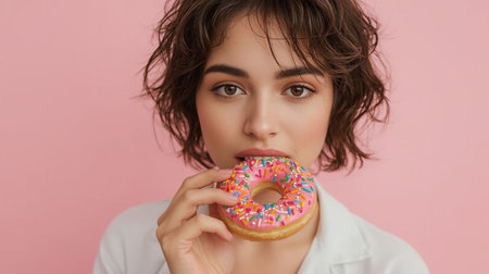 A young woman with long hair smiles while holding a pink frosted donut decorated with sprinkles. She wears a blue shirt and stands against a bright pink backdropの素材