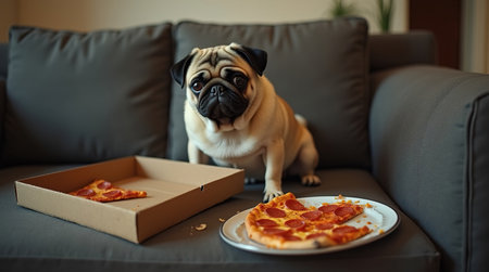 A pug sits next to an open pizza box on a couch. The dog looks curious as it eyes a slice of pizza. The cozy indoor setting is perfect for a casual pizza night.の素材