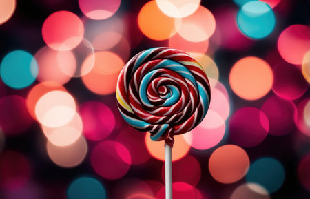 A swirled lollipop with bright colors is prominently displayed in front of a backdrop filled with colorful bokeh lights, capturing the essence of joy and celebration.の素材