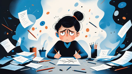 A student sits at a cluttered desk filled with papers and stationery, expressing frustration and anxiety. The dimly lit space creates an atmosphere of pressure, reflecting academic challenges.の素材