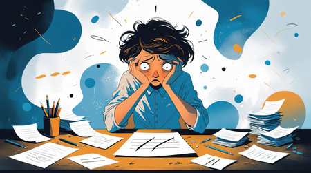 A student sits at a cluttered desk filled with papers and stationery, expressing frustration and anxiety. The dimly lit space creates an atmosphere of pressure, reflecting academic challenges.の素材