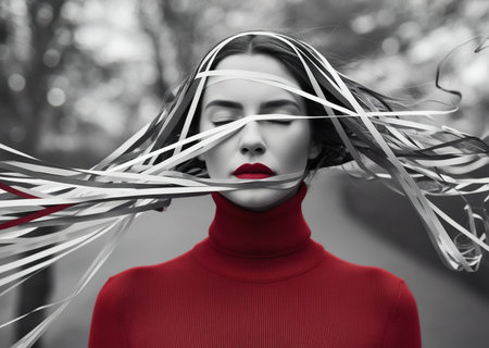 A woman stands on a sidewalk with eyes closed, her colorful ribbons cascading around her. She wears a red sweater, surrounded by autumn leaves, as the day unfolds peacefullyの素材