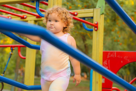 A young child with curly red hair explores a vibrant playground. The sunlight highlights the colorful equipment as the child engages playfully, creating a joyful atmosphere.の写真素材