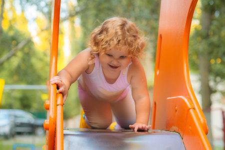 Child preparing to slide down a playground slide in a sunny outdoor play area.の写真素材