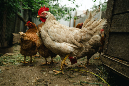 Chickens foraging in a rural backyard environment during daylight hours.