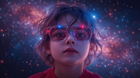A child wearing futuristic augmented reality glasses is watching a cosmic spectacle of stars and planets in the vast universeの素材