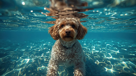 A poodle dog swims underwater in clear blue water on a sunny day, showing off its playful nature and vibrant surroundings.の素材