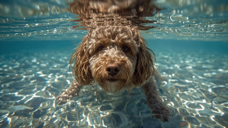 A poodle dog swims underwater in clear blue water on a sunny day, showing off its playful nature and vibrant surroundings.の素材