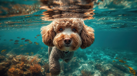 A poodle dog swims underwater in clear blue water on a sunny day, showing off its playful nature and vibrant surroundings.の素材