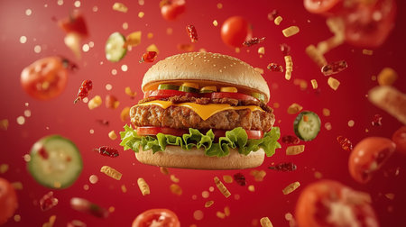 A tasty burger features a crispy chicken patty, melted cheese, lettuce, and fresh tomatoes, surrounded by colorful vegetables on a bold red backdrop, making it visually appealingの素材