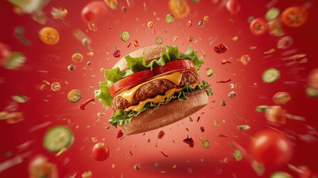 A tasty burger features a crispy chicken patty, melted cheese, lettuce, and fresh tomatoes, surrounded by colorful vegetables on a bold red backdrop, making it visually appealingの素材
