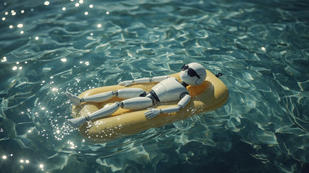 A small robot lounges effortlessly on an orange inflatable raft, enjoying the gentle waves and sunshine on the water during a peaceful afternoonの素材