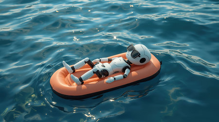 A small robot lounges effortlessly on an orange inflatable raft, enjoying the gentle waves and sunshine on the water during a peaceful afternoonの素材