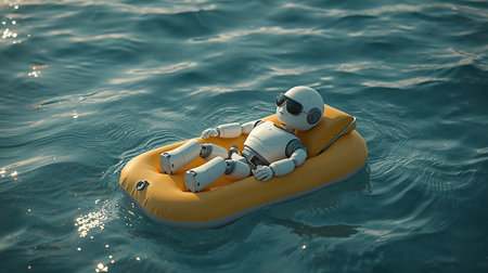 A small robot lounges effortlessly on an orange inflatable raft, enjoying the gentle waves and sunshine on the water during a peaceful afternoonの素材
