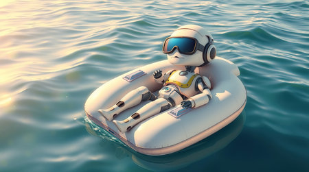 Robot relaxes on an inflatable raft in calm water during a sunny day at the beach.の素材