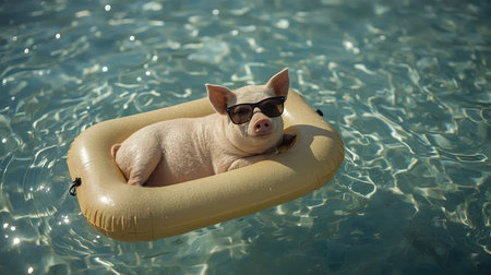A pig is enjoying a leisurely afternoon, lounging on a yellow pool float in a clear blue pool, wearing stylish sunglasses. The sun shines brightly, creating a fun atmosphereの素材