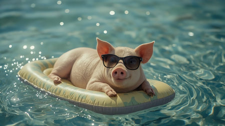 A pig is enjoying a leisurely afternoon, lounging on a yellow pool float in a clear blue pool, wearing stylish sunglasses. The sun shines brightly, creating a fun atmosphereの素材