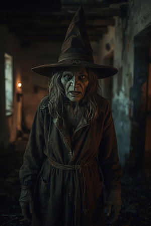 Mysterious witch stands in an eerie, dimly lit room with a haunting atmosphere.の素材