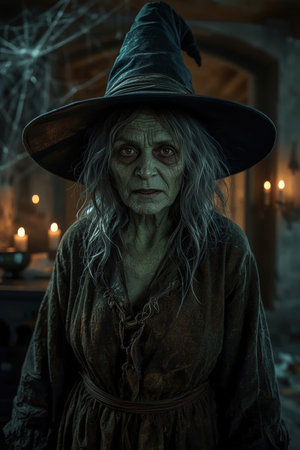 Mysterious witch stands in an eerie, dimly lit room with a haunting atmosphere.の素材