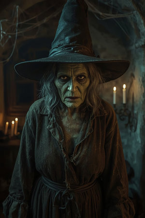 Mysterious witch stands in an eerie, dimly lit room with a haunting atmosphere.の素材