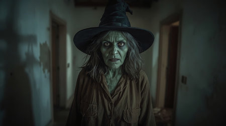 Mysterious witch stands in an eerie, dimly lit room with a haunting atmosphere.の素材