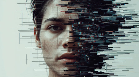 Distorted digital art of a human face illustrating the concept of identity and technology at dawn.の素材