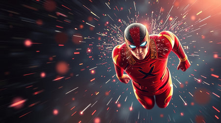 A superhero clad in a red costume and mask soars through space, striking a powerful pose. The background is a mesmerizing swirl of cosmic elements, showcasing a vibrant and adventurous atmosphereの素材